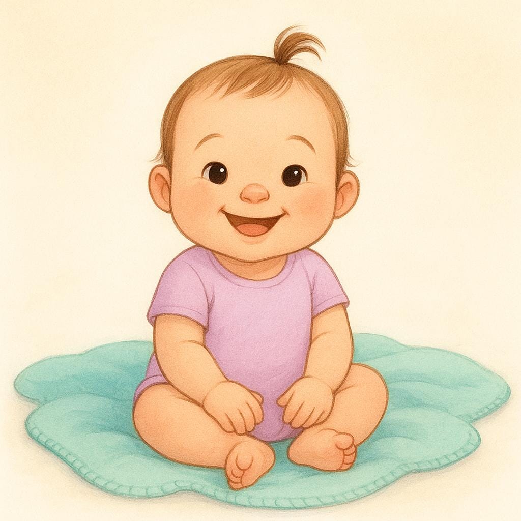 A happy baby girl wearing a pink bow and a white onesie.