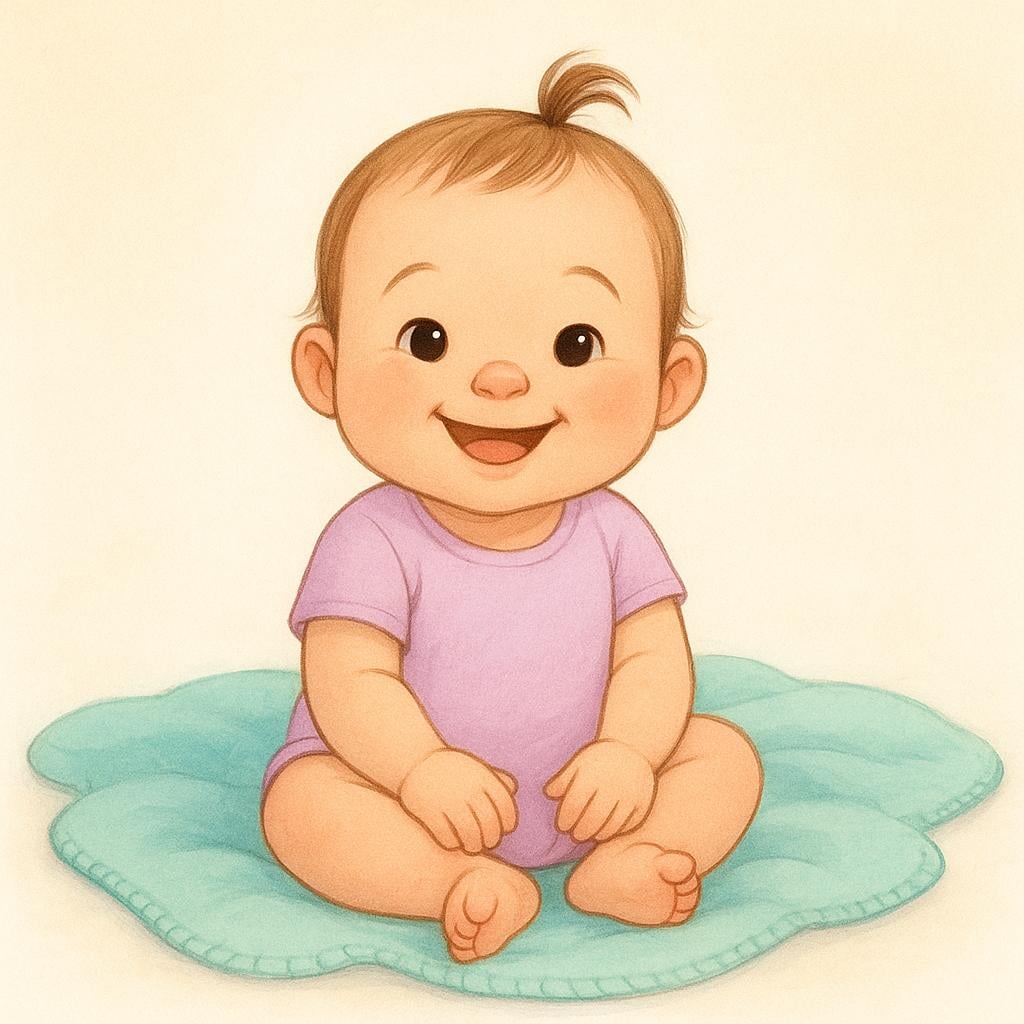 A happy baby girl wearing a pink bow and a white onesie.