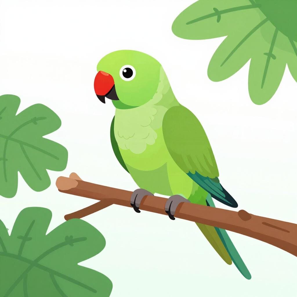 A bright green and red parrot perched on a tropical tree branch.