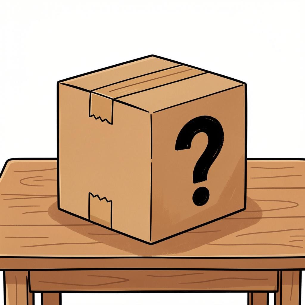 A mysterious gift box wrapped in plain brown paper with a large question mark on the side, sitting alone on a wooden table.