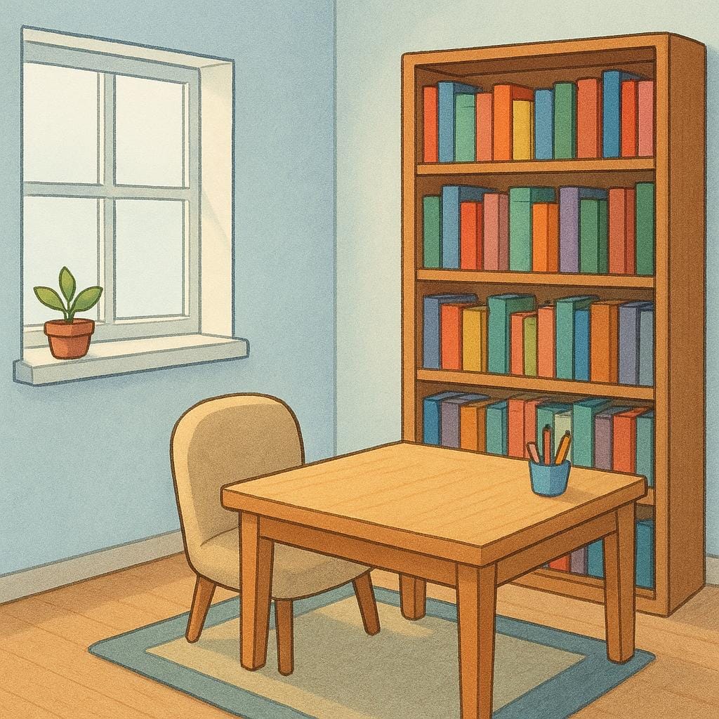 A small, quiet room set up as a personal office, featuring a desk, a chair, and a bookshelf.