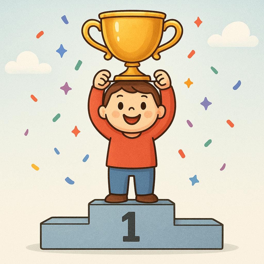 A joyful cartoon character standing on a winner's podium, raising a large, shiny gold trophy high above their head, celebrating victory.