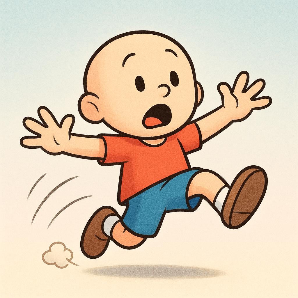 A colorful storybook drawing showing a single person who has tripped over an invisible obstacle and is actively falling forward onto a flat surface.
