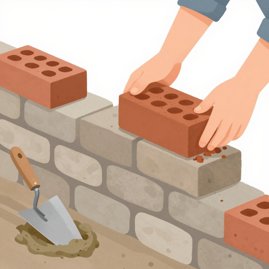 A person placing a bright red brick onto a partially finished brick wall.