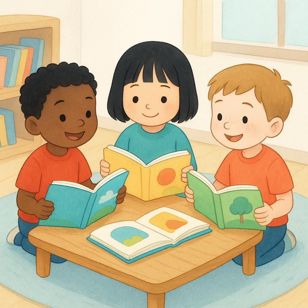 Uma ilustração colorida de três jovens estudantes sentados em uma mesa de madeira, lendo livros abertos.