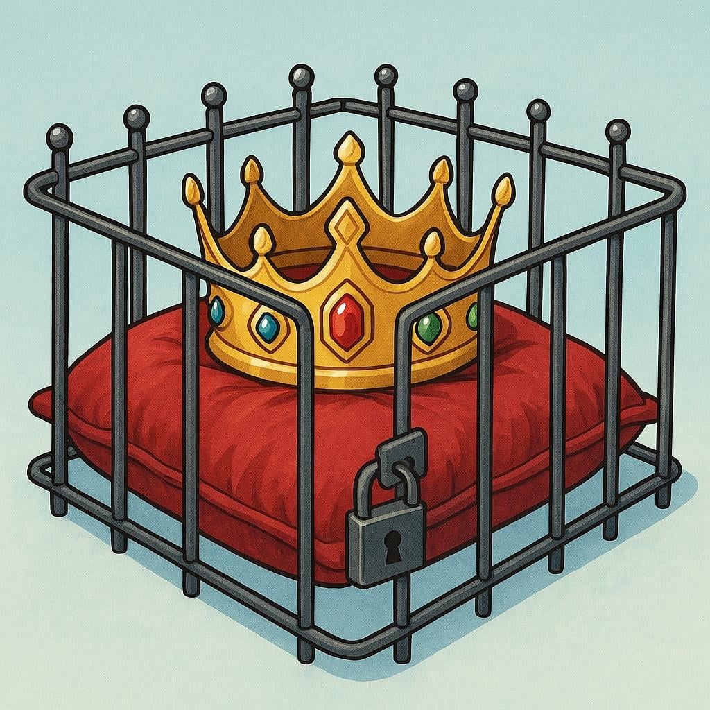 A golden crown resting on a red velvet pillow, completely surrounded and protected by a sturdy black iron fence with a closed gate, illustrating exclusive ownership or proprietary nature.