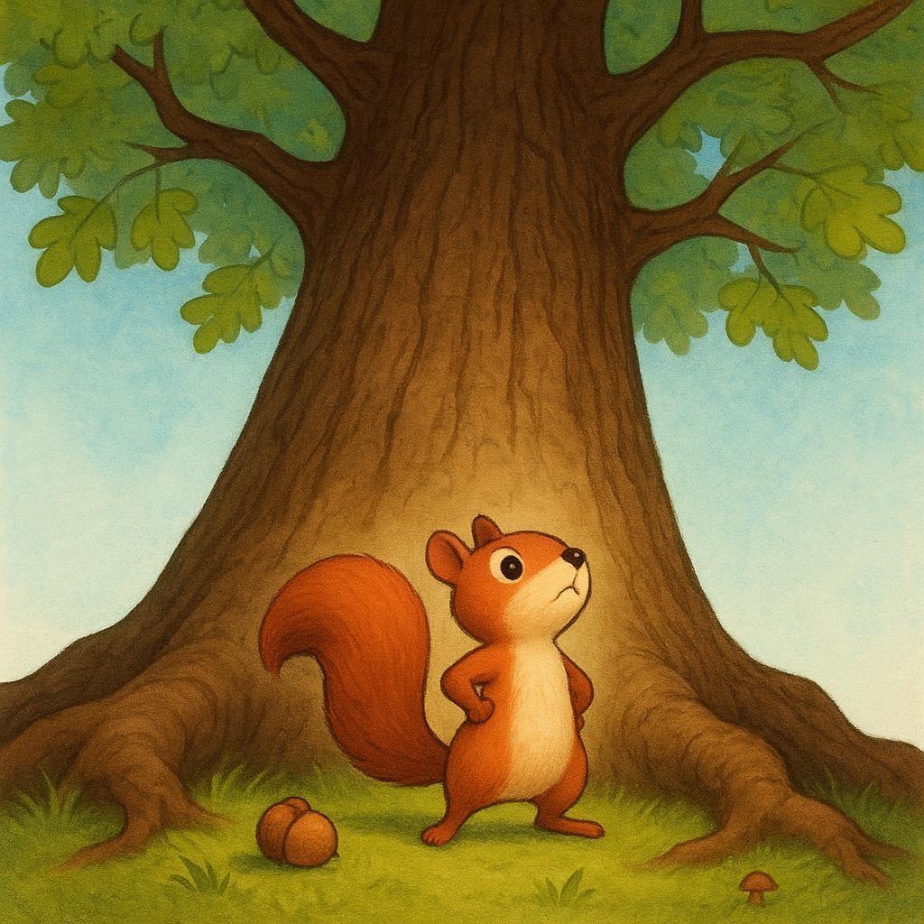 A tiny, determined squirrel standing confidently at the base of a gigantic oak tree, ready to climb, symbolizing courage.
