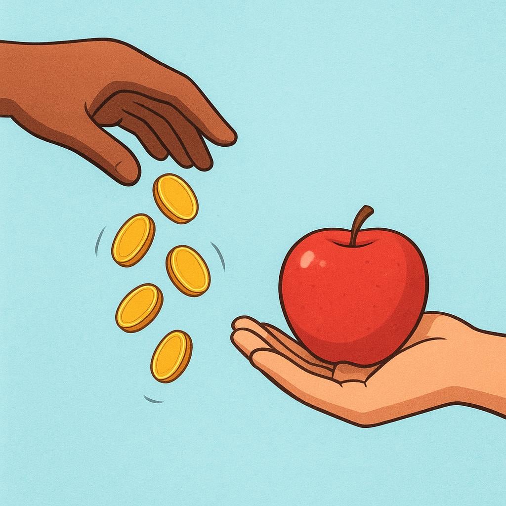 A close-up view of two human hands completing a transaction. One hand is dropping gold coins into the palm of the other hand, which is holding a single red apple.