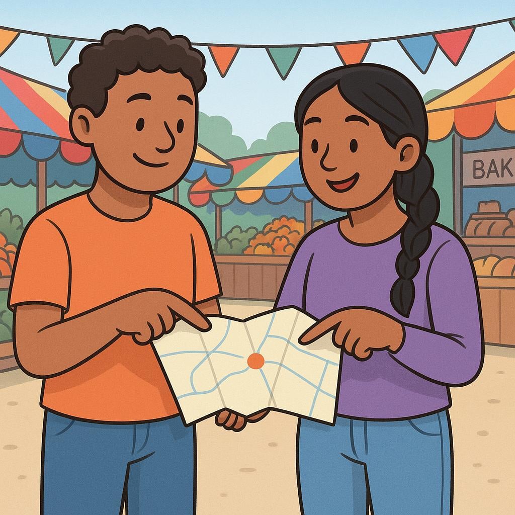 Two individuals standing together, pointing to the same location on a simple map they are holding, symbolizing that they arranged to meet there.