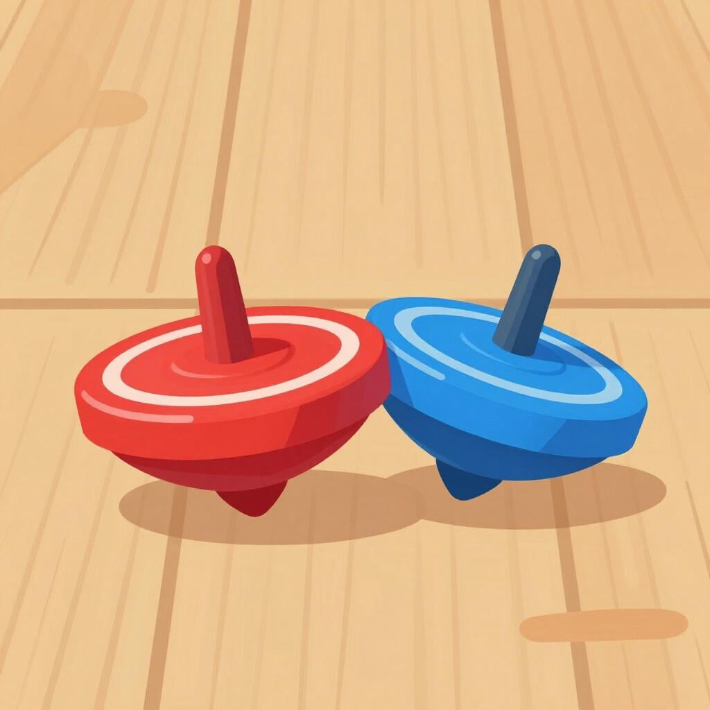 A colorful toy spinning top lying motionless on its side on a wooden floor.