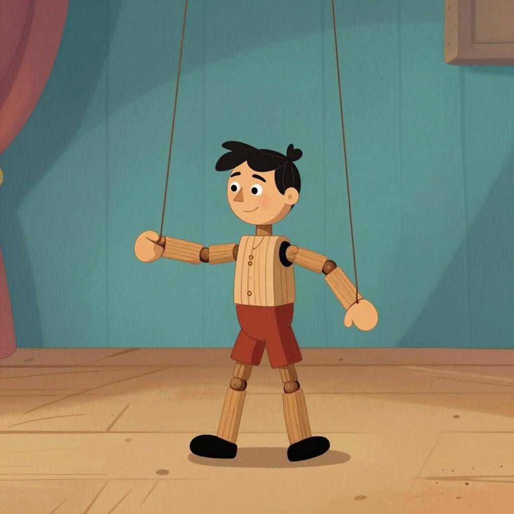 Uma marionete de madeira com fios presos aos seus membros, sendo segurada.