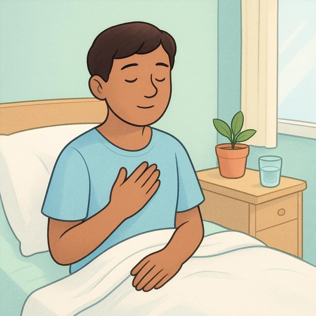 A person in a light blue hospital gown sitting on a bed, resting a hand gently over their chest.