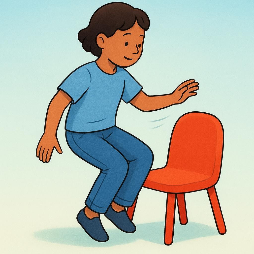 明るい赤色の椅子に座るために膝を曲げ、体を下ろす動作をしている若い人が描かれた、高品質でシンプルなカラフルな絵本風のイラスト。