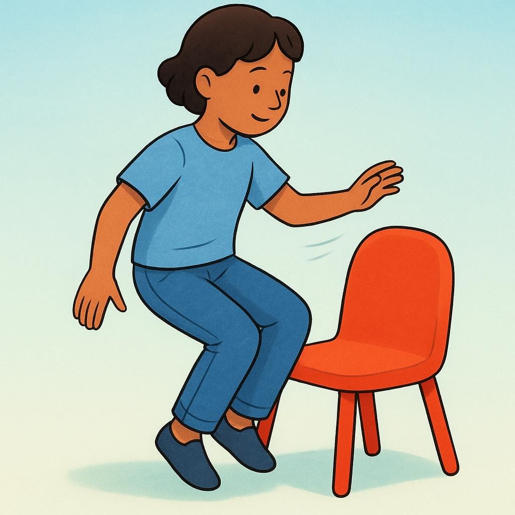 A high quality simple colorful storybook illustration showing a young person in mid-motion, actively bending their knees and lowering their body to sit down onto a bright red chair.