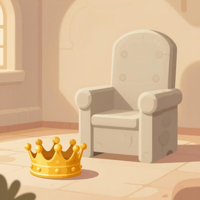 A golden crown lying on the ground next to a heavy stone throne.