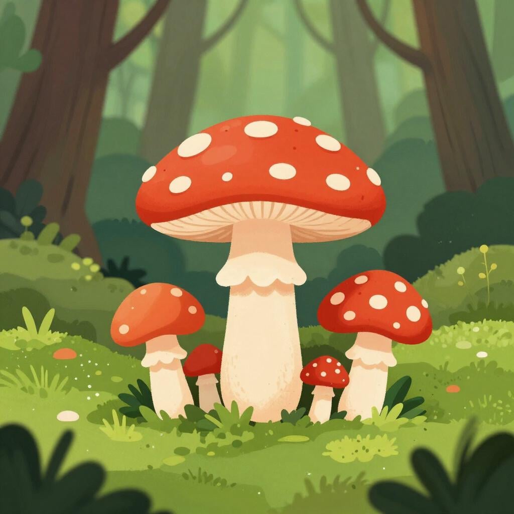 Eine Ansammlung roter Pilze, die plötzlich auf dem Waldboden erscheinen und sich ausbreiten.