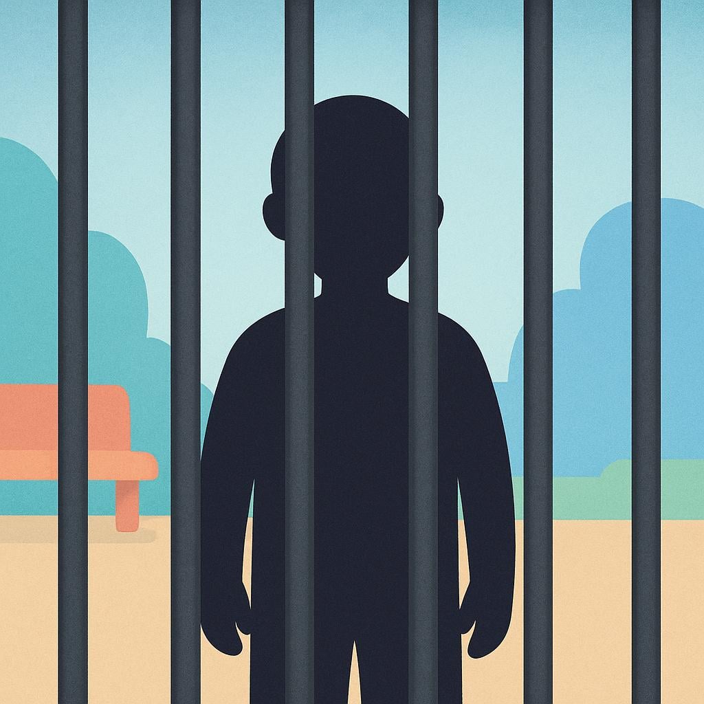 A solitary figure seen through thick, vertical iron bars, illustrating the state of being confined or imprisoned.