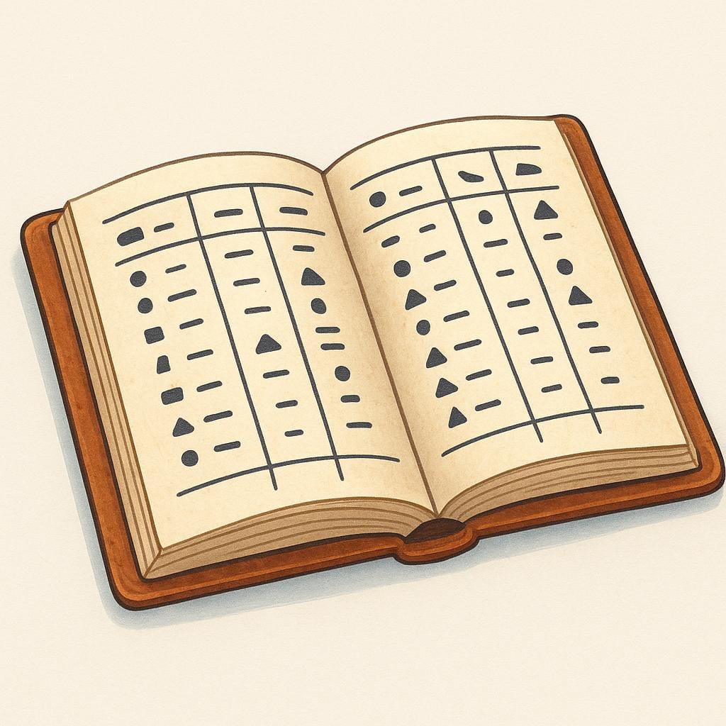 A simple storybook illustration of an open, large accounting ledger book. The pages are divided into columns filled with abstract squiggles and lines, symbolizing recorded entries.