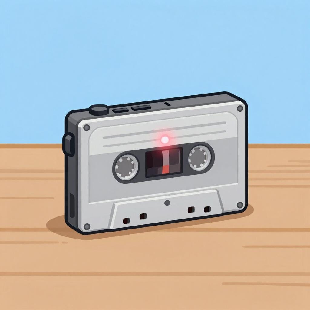 A classic portable cassette tape recorder with a small built-in microphone and control buttons.