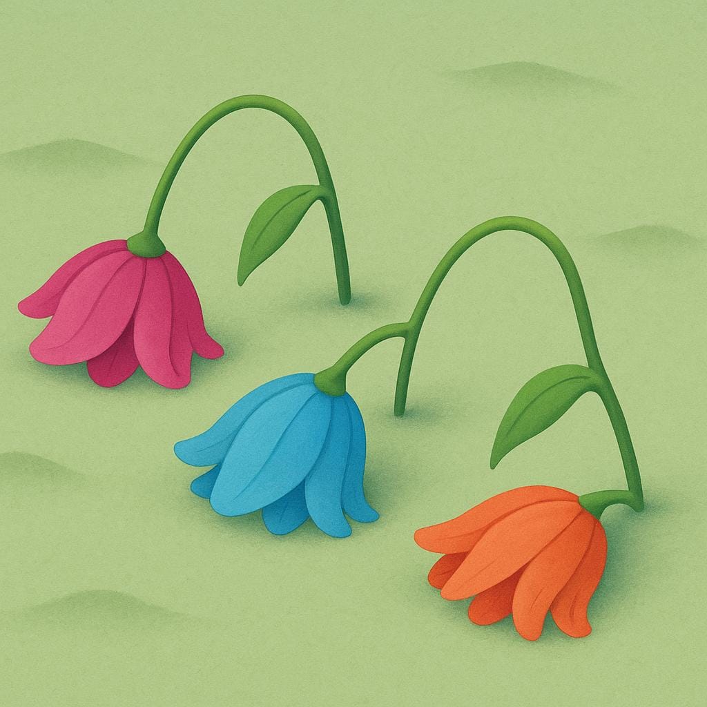 Three stylized, colorful flowers are shown lying wilted on the ground, symbolizing the end of life.