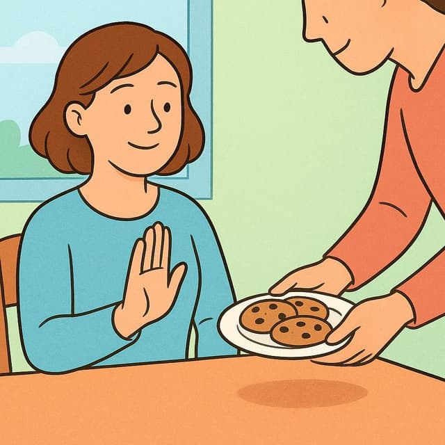 差し出されたクッキーのお皿を断るように、手をそっと上げている人の様子。
