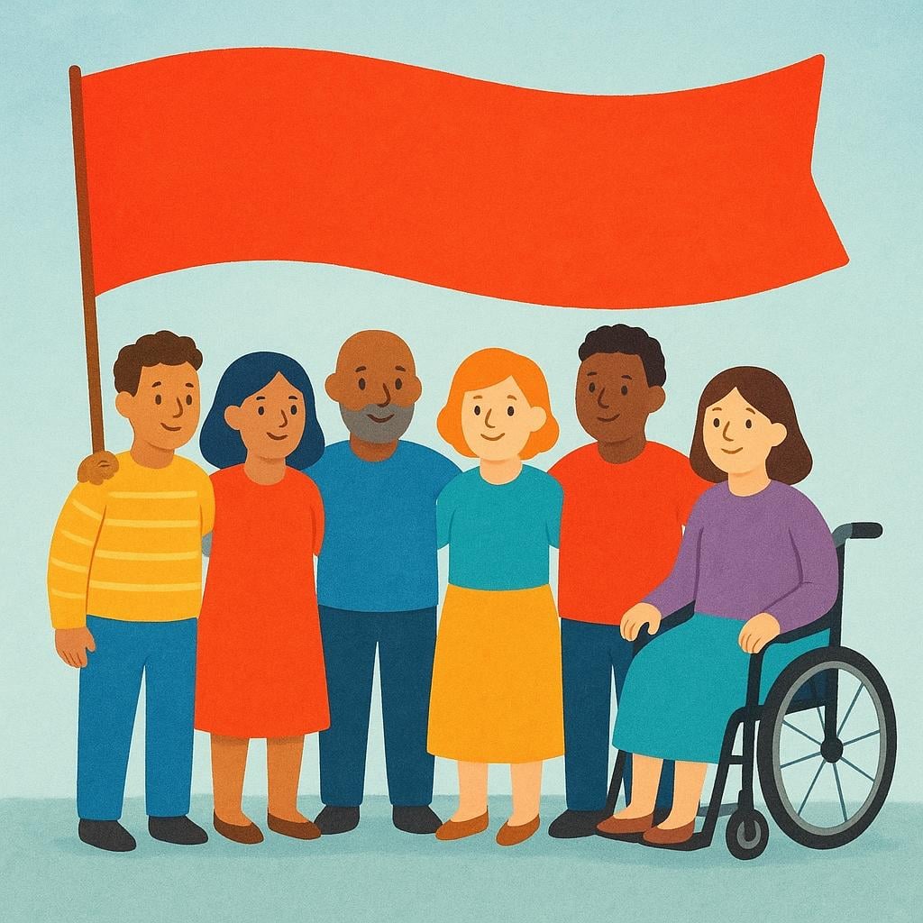 A simple illustration showing three diverse stylized figures standing close together under a gently waving bright red banner.