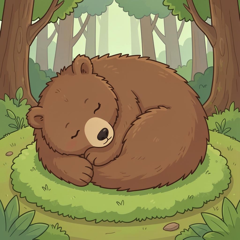 A cozy brown bear curled up and sleeping soundly on a bed of soft green moss.