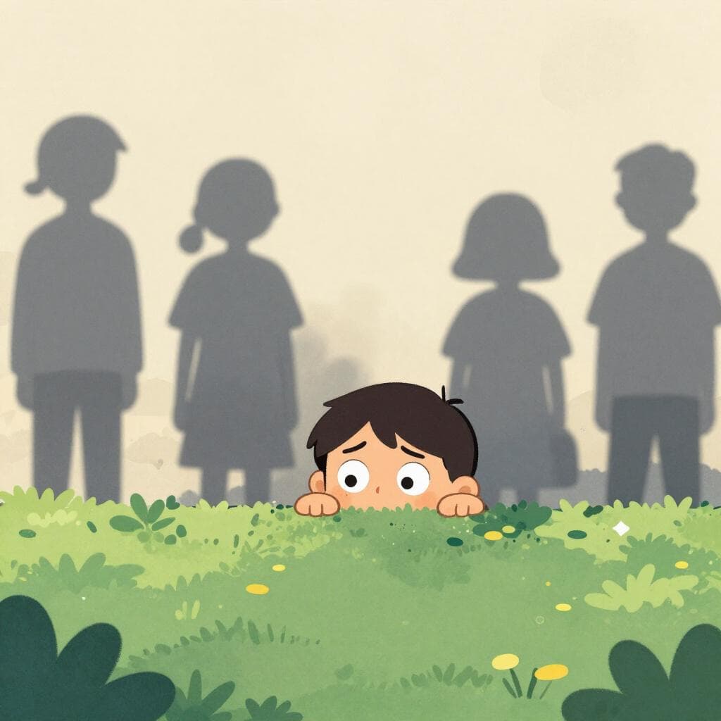 Een klein, nerveus figuurtje dat met grote ogen om een hoek gluurt, terwijl simpele schaduwen van figuren achter hen op de muur loeren.