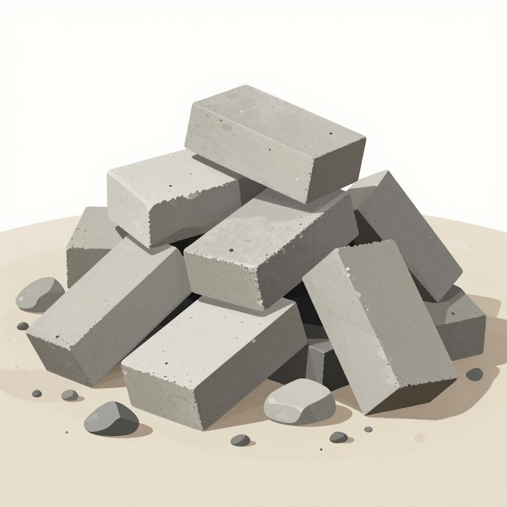 A pile of broken gray concrete blocks and bricks on a construction site.