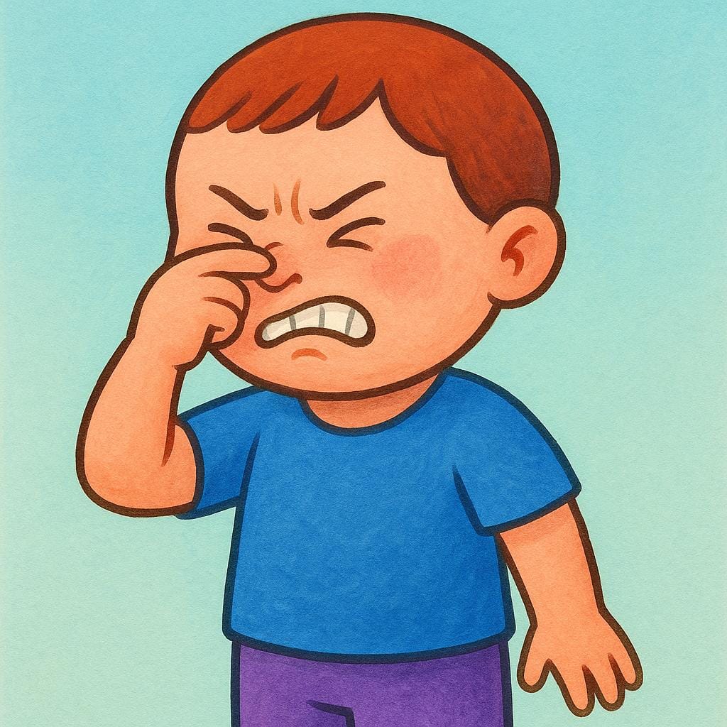 A simple illustration of a person grimacing strongly, pinching their nose closed to show intense disgust.