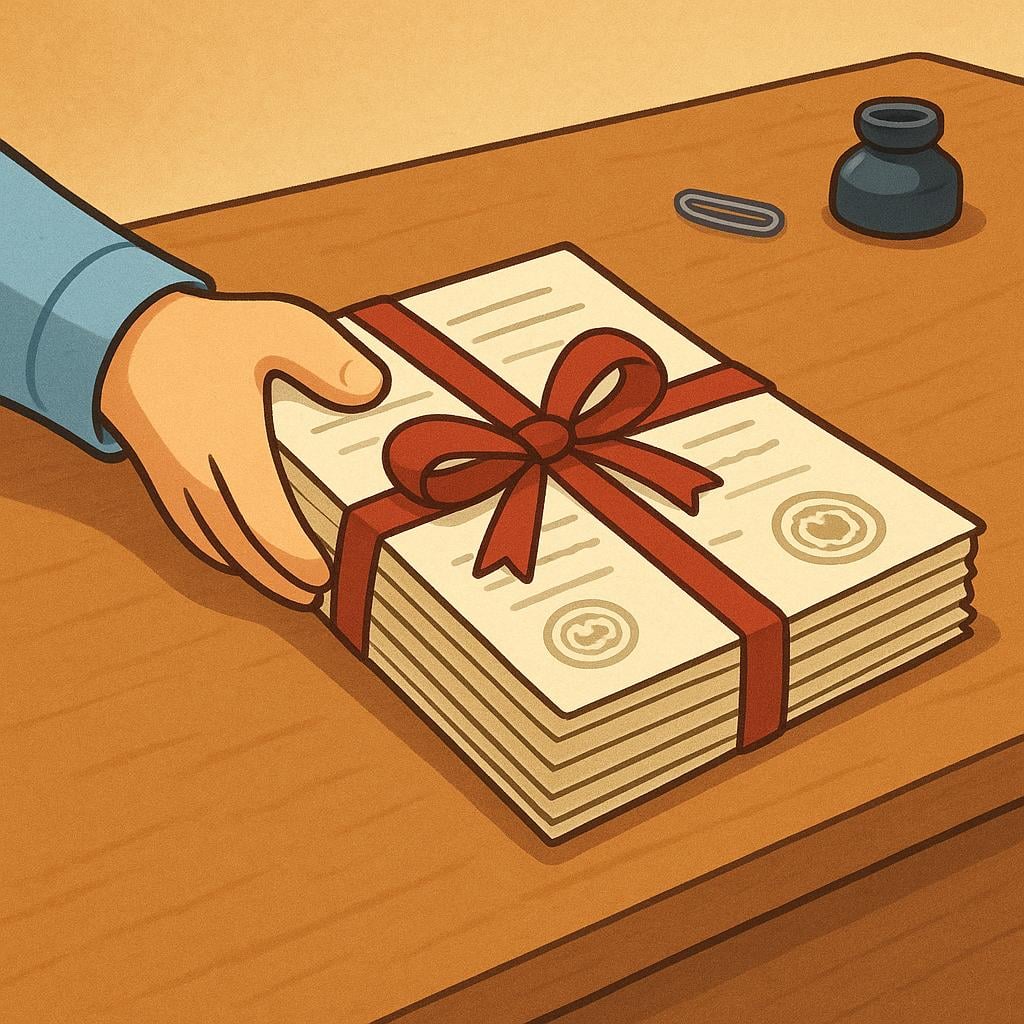 An illustration of a hand submitting a stack of official documents tied with a ribbon onto a large desk.