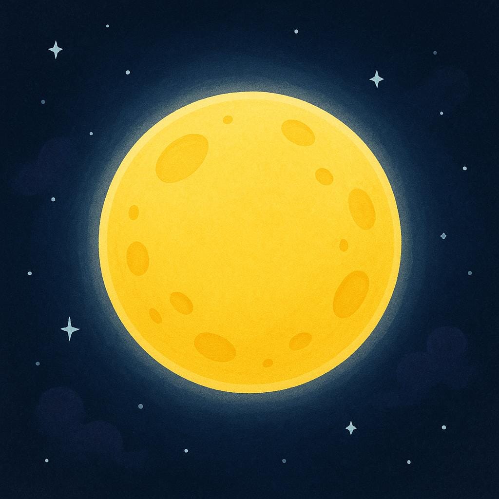 A stylized depiction of a bright yellow moon floating in the dark blue void of space.