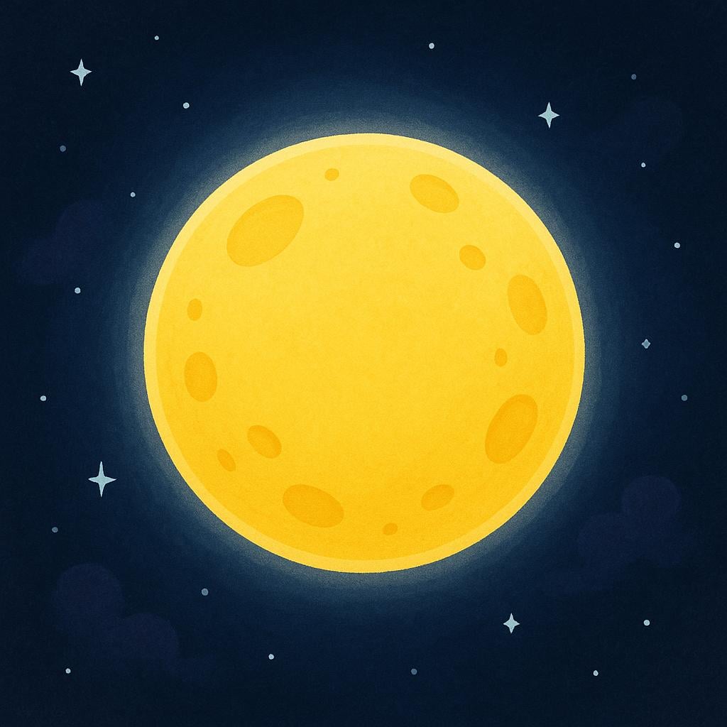 A stylized depiction of a bright yellow moon floating in the dark blue void of space.