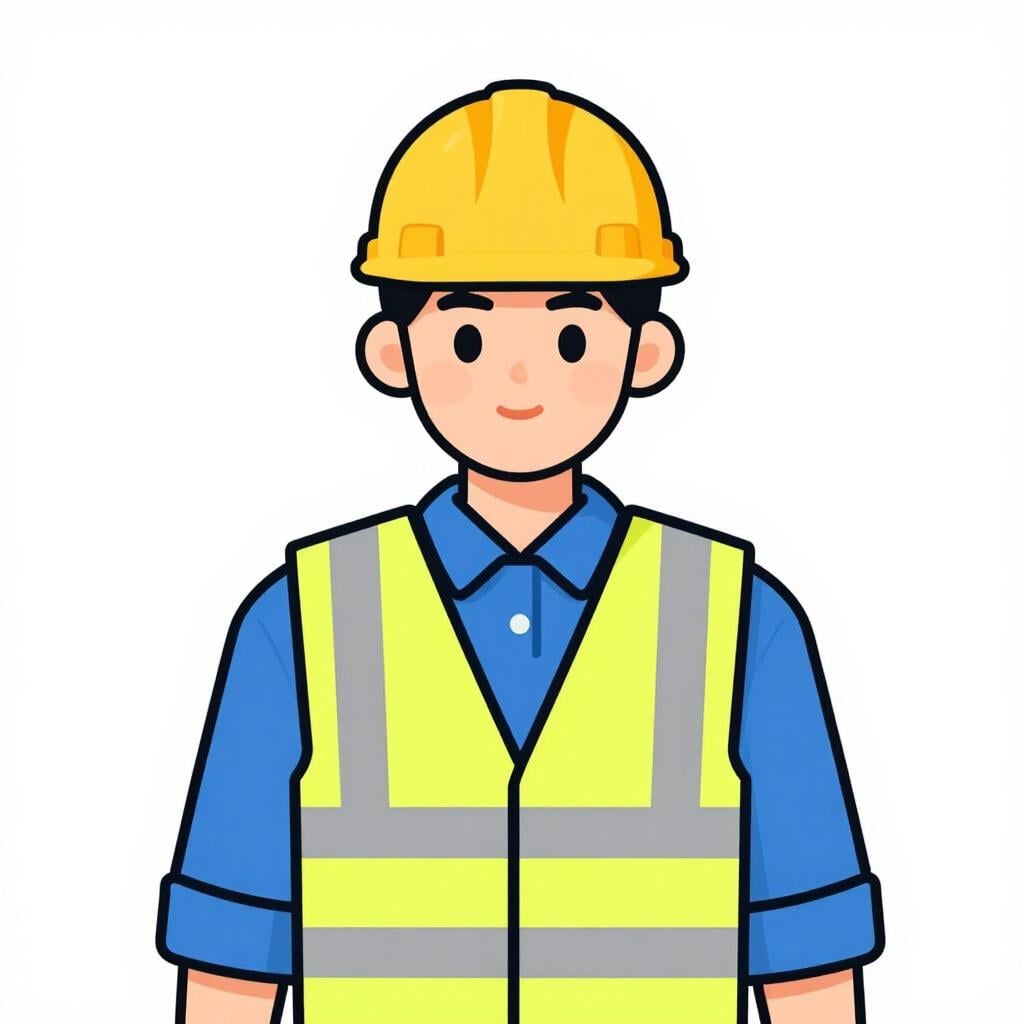 A person wearing a professional uniform and a hard hat standing in front of a building.