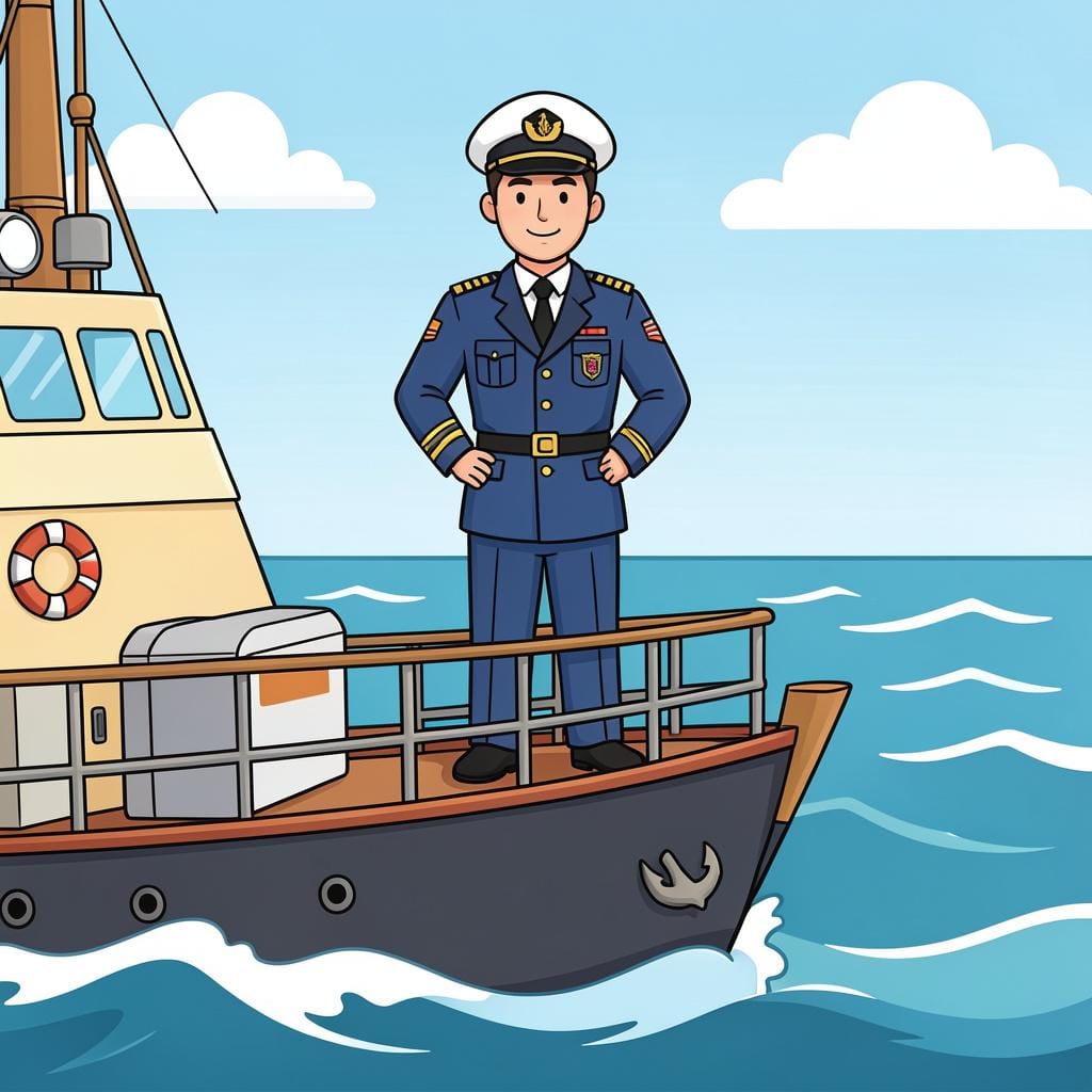 A person in a professional maritime uniform standing on the deck of a large ship, looking through binoculars toward the horizon.