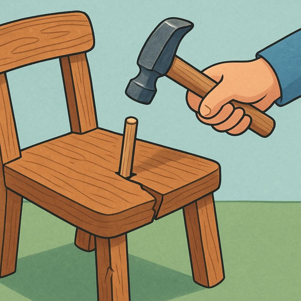 A hand holding a hammer fixes a broken wooden chair, illustrating the process of repair.