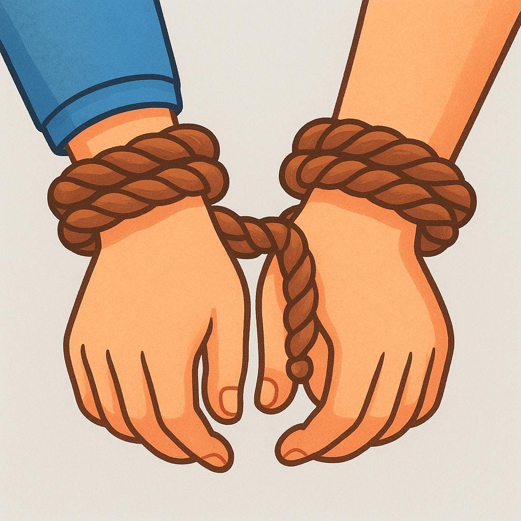 An illustration showing two wrists tightly bound together by thick rope cuffs, symbolizing restriction or oppression.
