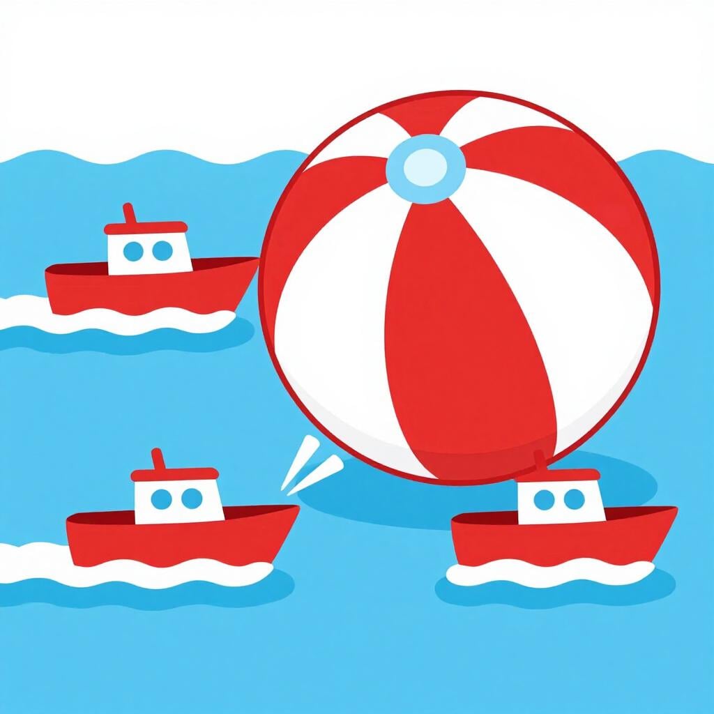 Deux bateaux jouets colorés poussant une plus grosse balle dans une nouvelle direction unique.