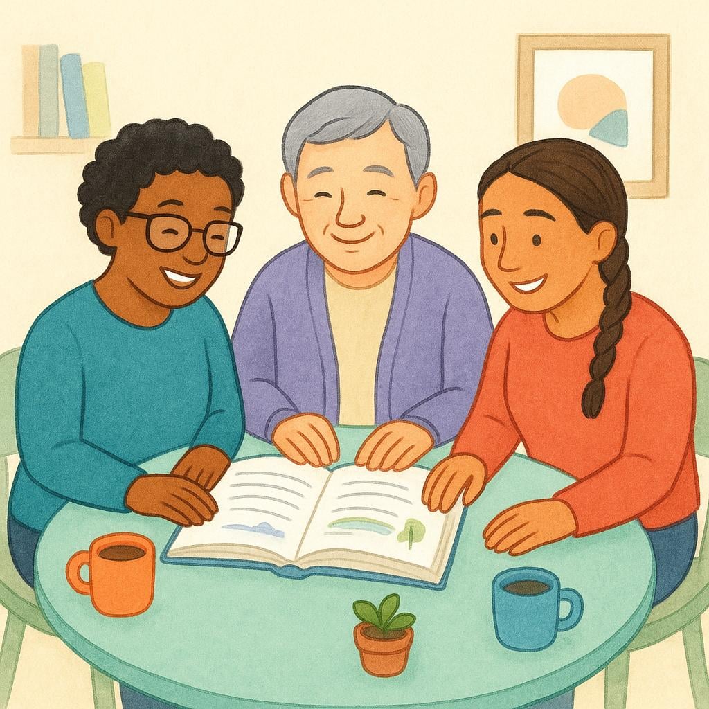 A group of diverse people sitting around a table, happily discussing a book, illustrating a social group or association.