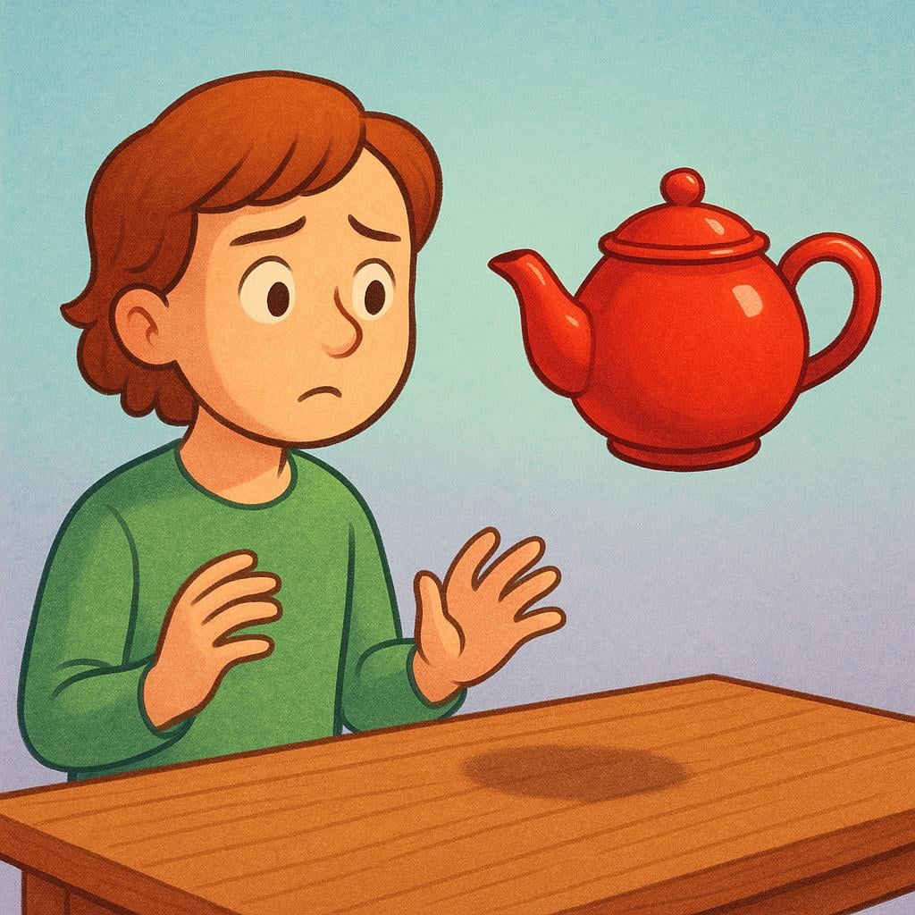 A person standing indoors, looking with a puzzled and slightly surprised expression at a brightly colored teapot that is floating unsupported in the air above a table.
