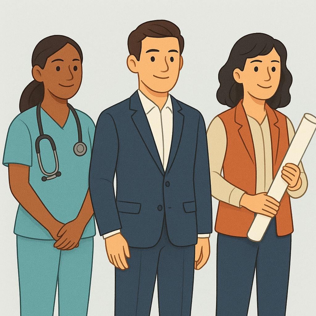An illustration showing three figures representing different professions (a doctor, a lawyer, and an architect) standing together formally, symbolizing a professional association.