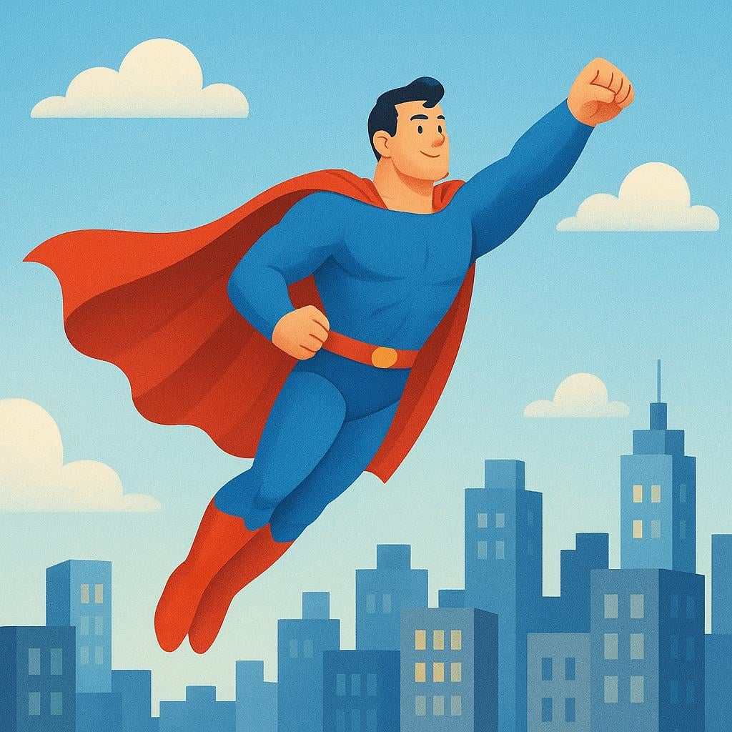 A high quality simple colorful storybook illustration of the fictional superhero Superman. He is a muscular man in a blue suit with a red cape, flying high above a cityscape.