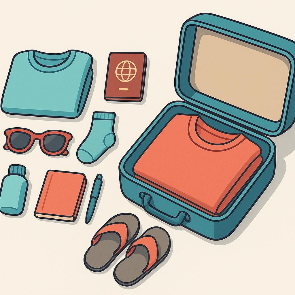Organized travel items, including a neatly folded shirt and a toothbrush, placed next to an open suitcase, representing preparations.
