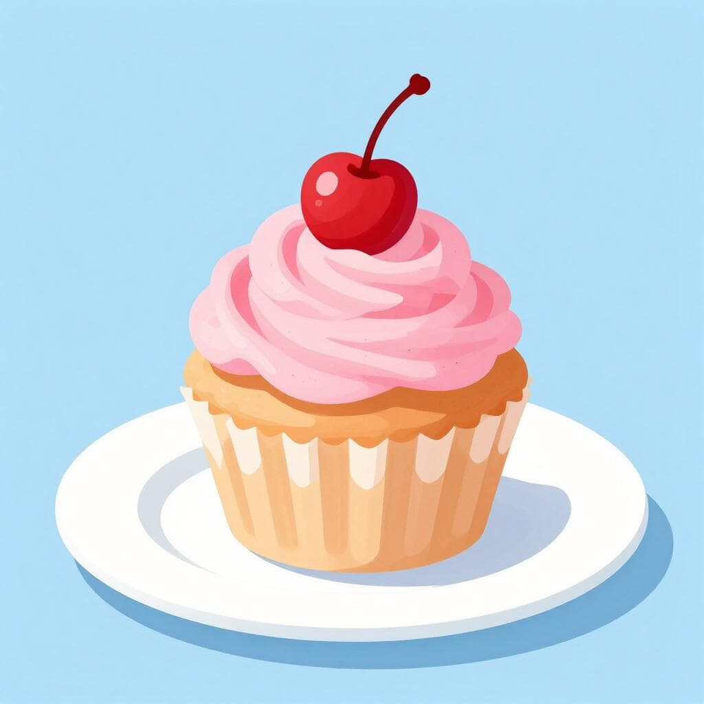 Un petit cupcake individuel avec un glaçage rose et une cerise rouge dessus, posé sur une petite assiette blanche.