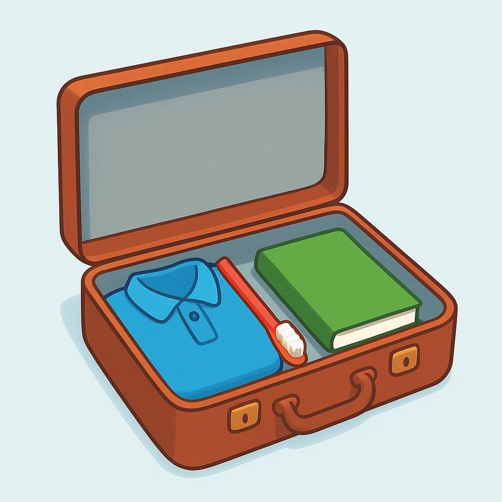 An open brown suitcase containing a folded blue shirt, a red toothbrush, and a closed green book, representing personal belongings.