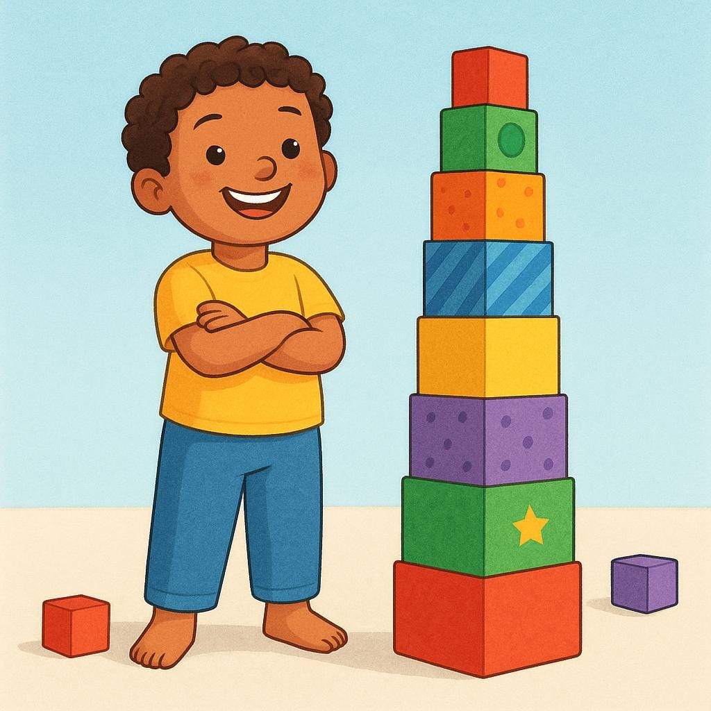 A young child standing proudly next to a large, colorful block tower they just built, beaming with satisfaction.