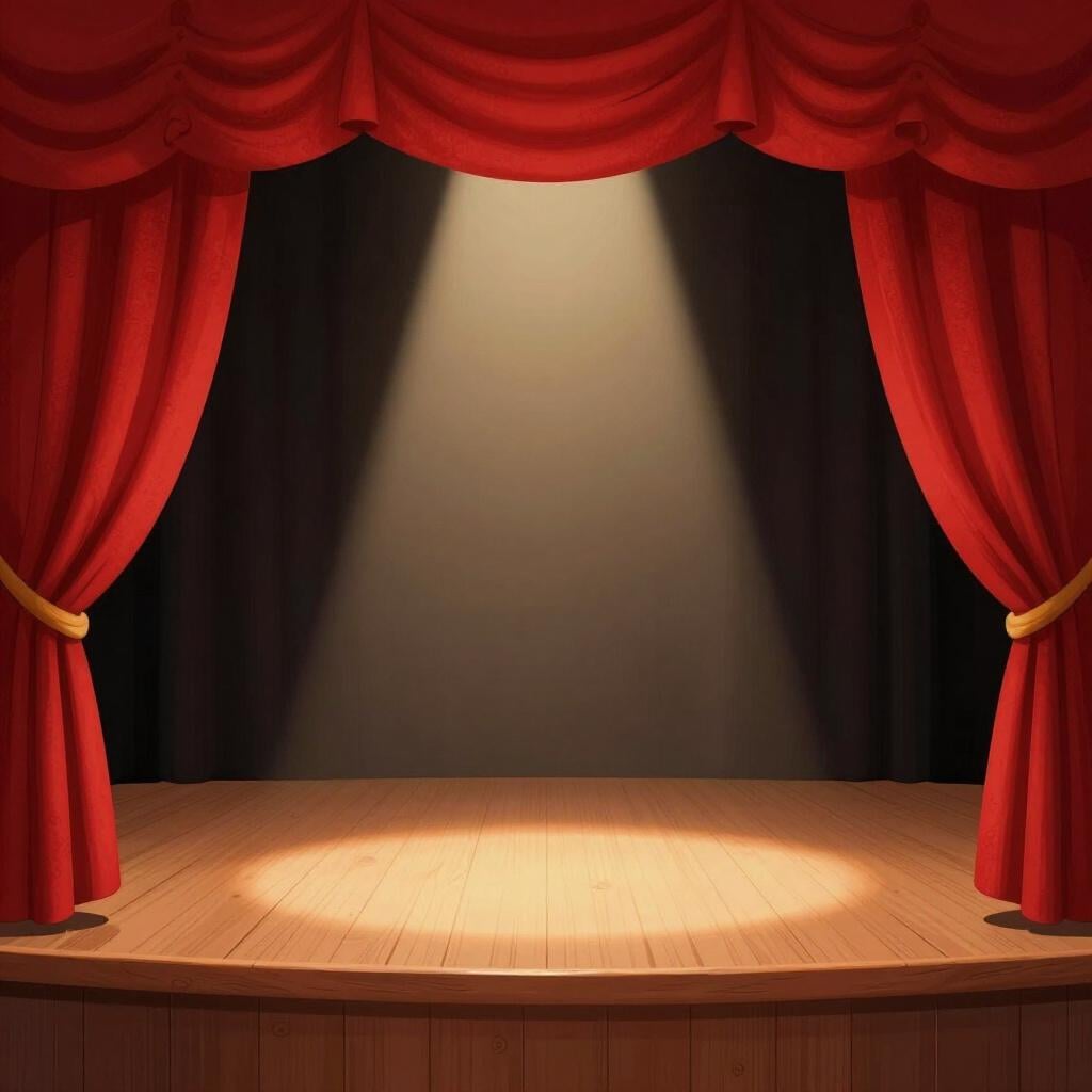 A theatrical stage with heavy red velvet curtains pulled back, revealing a simple wooden stage floor under a single bright spotlight, symbolizing a division of a play.