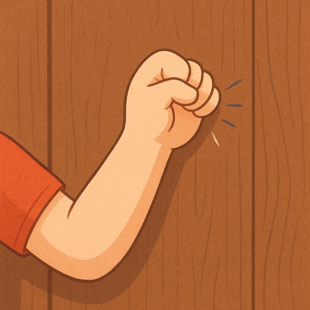 Vue rapprochée du poing d'une personne frappant sèchement une porte en bois unie et solide.