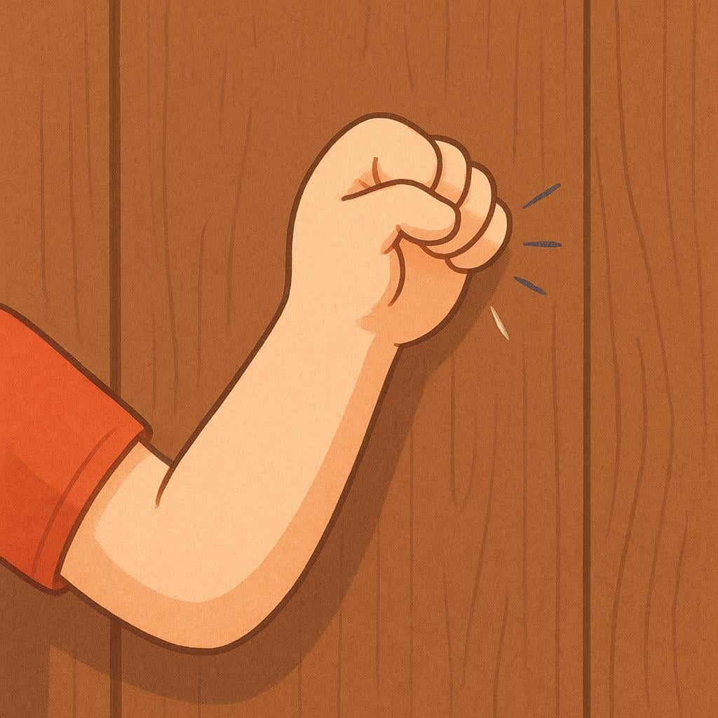 A close-up view of a person's fist sharply rapping on a plain, solid brown wooden door.