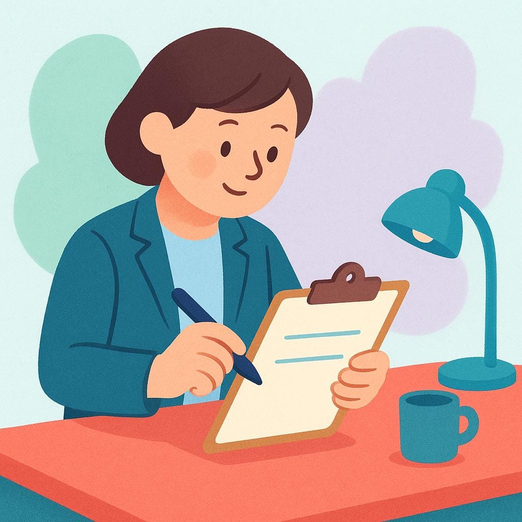 A colorful storybook illustration of a person sitting at a clean desk, working diligently with a simple tool, symbolizing an employee at work.